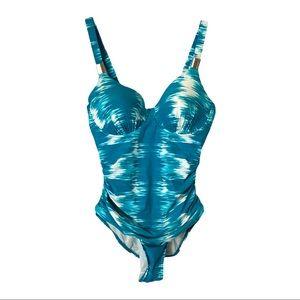 Spanx Riveting Ruched Aqua Abstract Print One Piece Swimsuit Size 12 D/DD